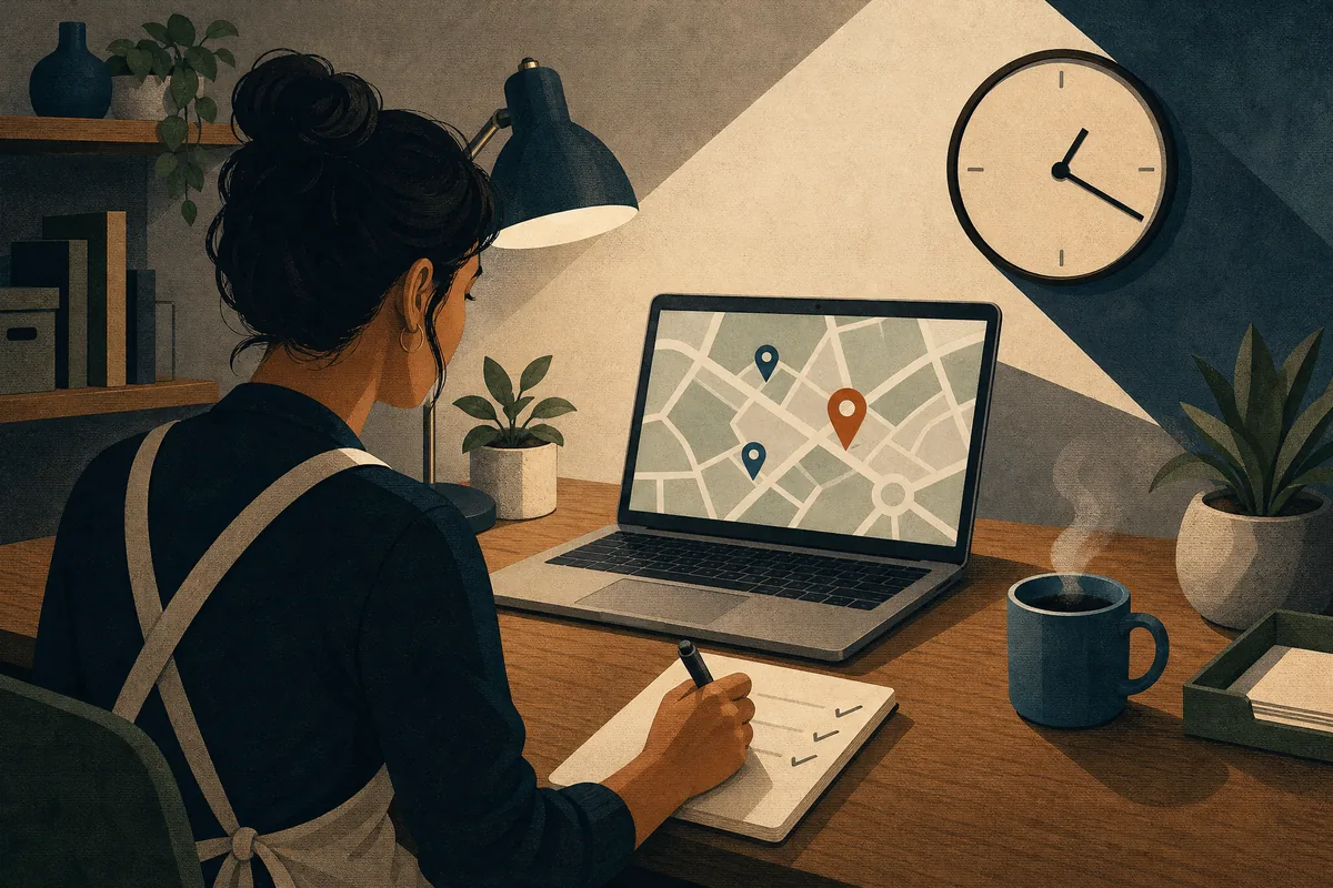 A shop owner at her desk in lamplight ticks off a checklist while comparing a map on her laptop.