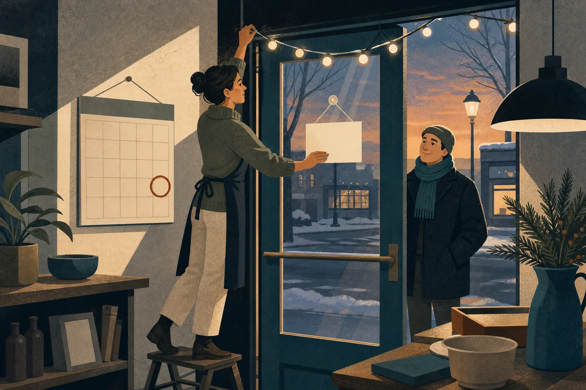 A shop owner on a step stool hangs holiday lights and updates the hours card on her door while a customer outside looks on.
