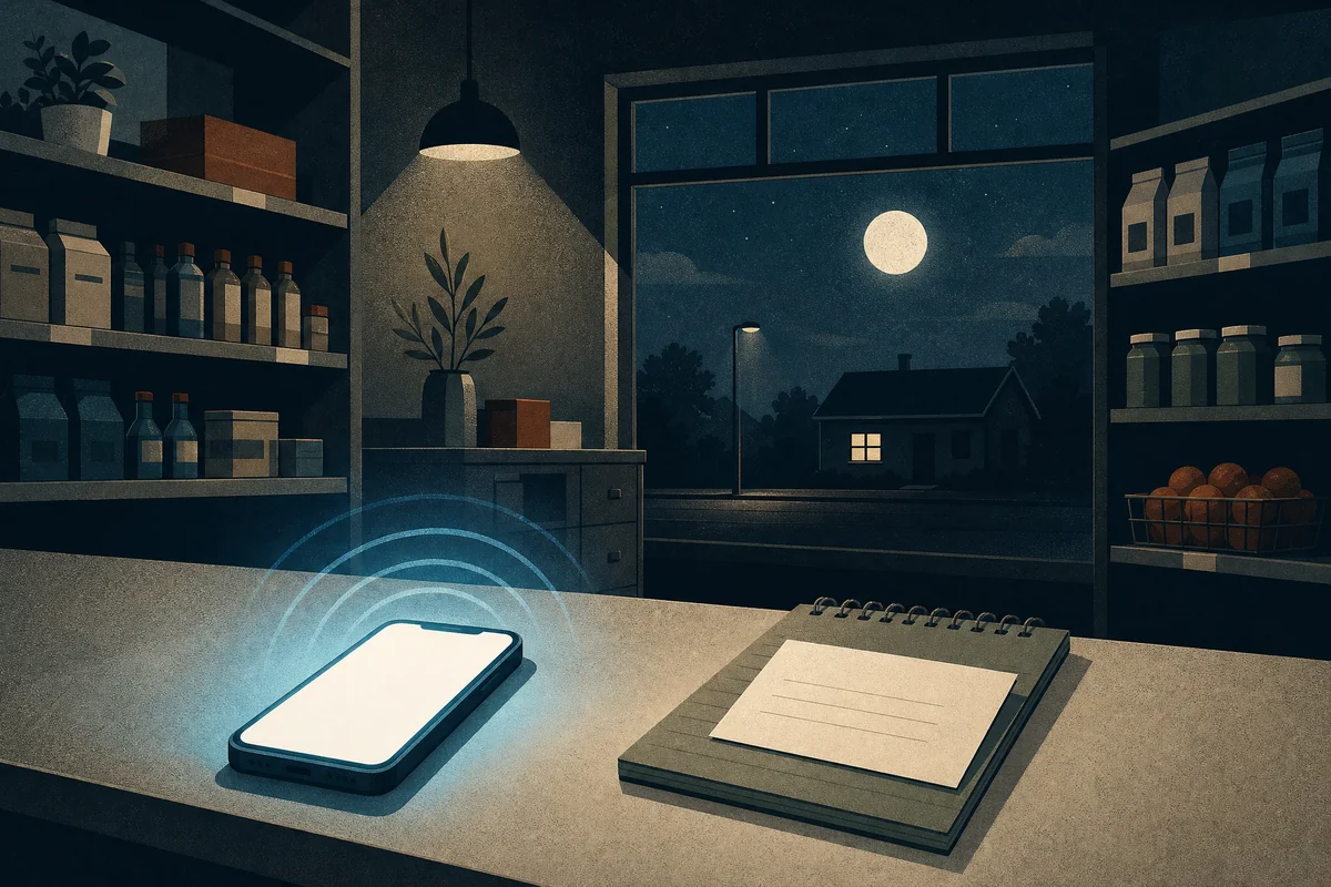 A phone glows as it answers a call on the counter of a closed shop at night, with a fresh message note beside it.