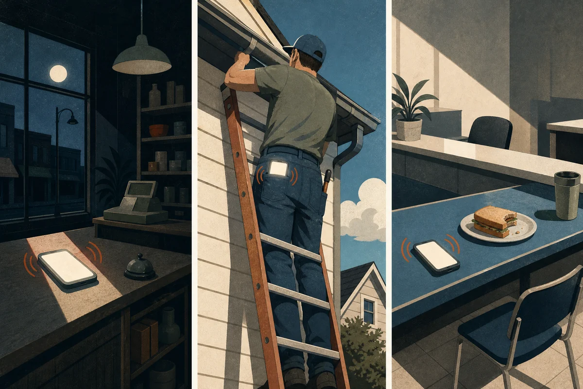 Three panels of unanswered calls: a closed shop at night, a contractor on a ladder, and an empty desk at lunch.