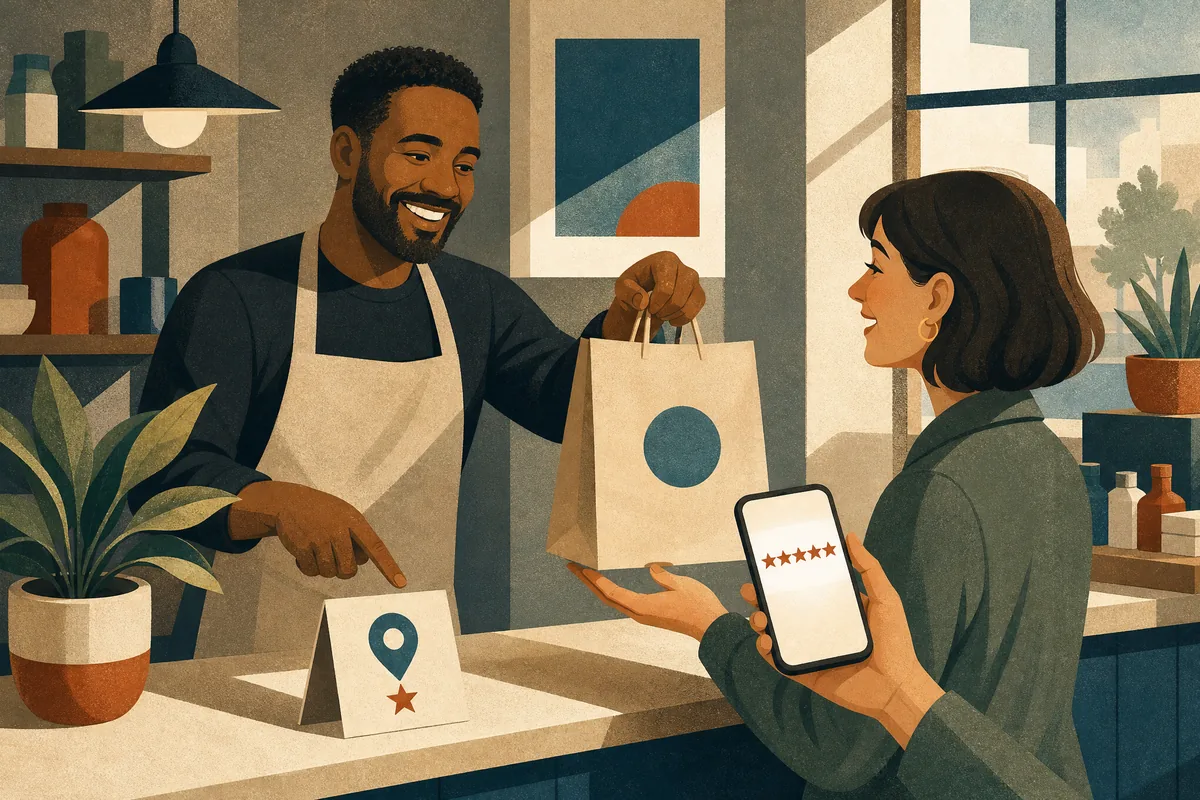 Owner hands a customer their order across the counter while the customer smiles at five stars on her phone.