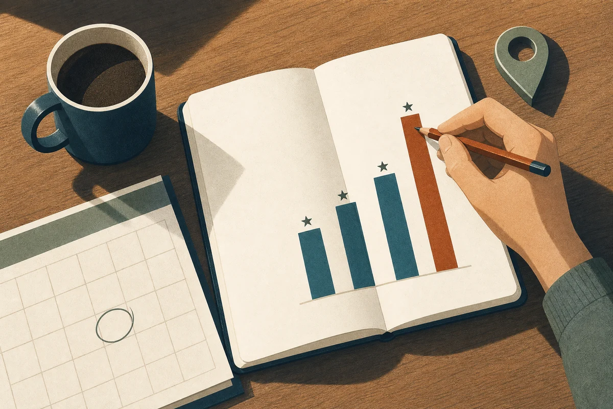 A hand charts four review bars in a notebook, with the rust bar tallest, next to a calendar with one day circled.